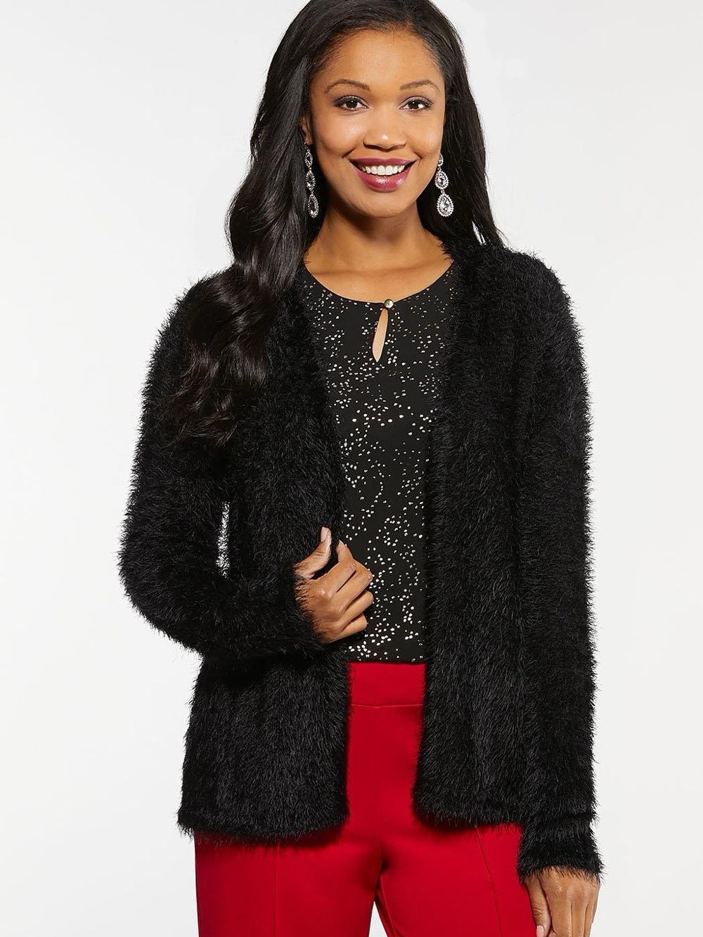Black Faux-Fur Open-Front Women's Cardigan